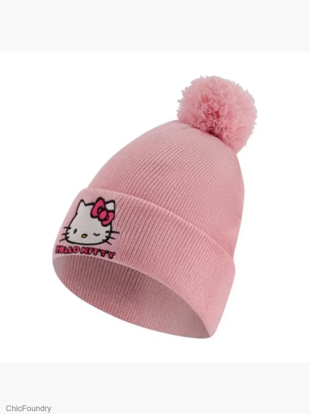 Girls Hello Kitty Beanie Hat & Gloves Winter Knit Cap Pom Pom Set